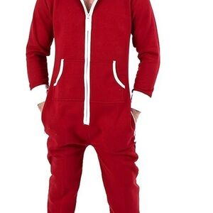 Cozy Red Hooded Jumpsuit White Trim Holiday Onesie with Hood‎ Men’s or women’s